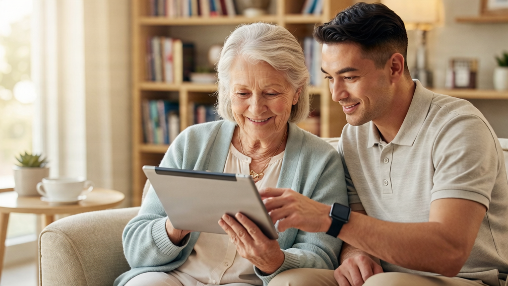 Une personne aînée souriante utilisant une tablette avec l'aide d'un technicien bienveillant.